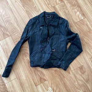 Black faux leather moto jacket, ruffle detail